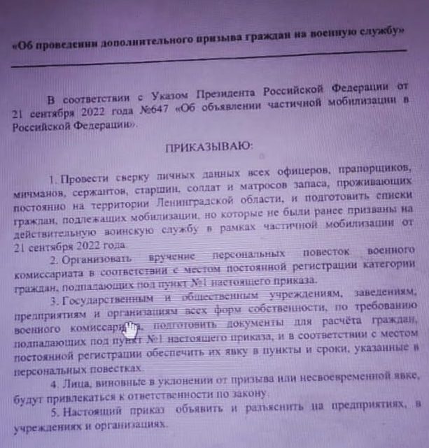 Опубликованный в сети приказ о новой волне мобилизации в Ленобласти является фейком